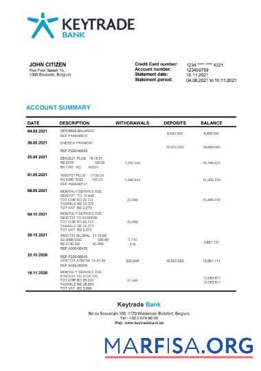 Downloadable Belgium Keytrade bank statement vesion 2 sample